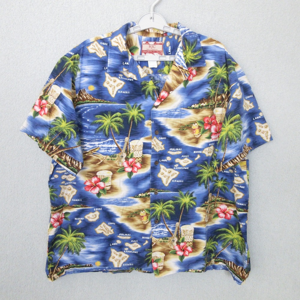 RJC Hawaiian Shirt Made in Hawaii Aloha Blue Islands Tropical Palm Tree Mens 2XL